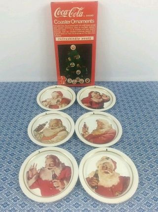 Vintage Coca Cola 6 - Piece Set 1983 Santa Claus Coaster Christmas Retro Ornaments