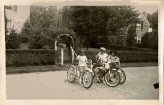 Old Vintage Antique Photograph Woman And Two Girls Riding Cool Old Bikes