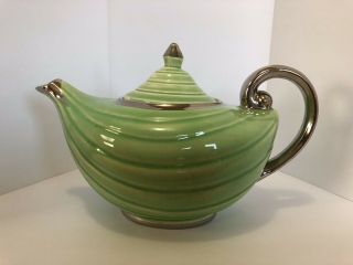 Vintage Arthur Wood Aladdin Teapot Green With Silver Gilding Made In England