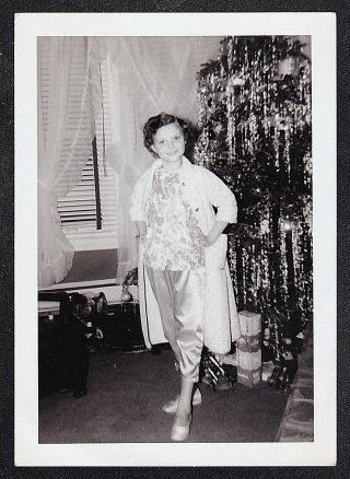 Antique Vintage Photograph Young Girl In Pajamas & Robe By Christmas Tree