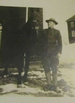 WWI Era US Soldier Posing With His Horse RPPC Photo Postcard Winter Barn Scene 2