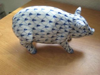 Vintage Pig Porcelain Figurine / Andrea By Sadek / Blue White Fishnet