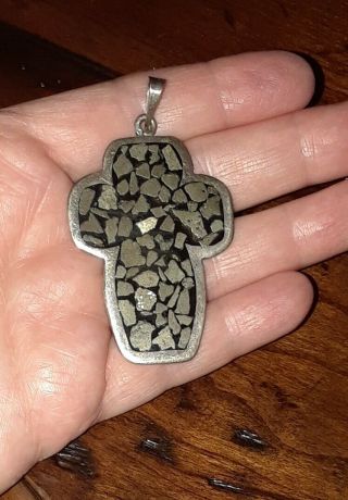 Large Vintage Mexico Taxco Sterling Silver Cross Pendant Signed Carlos