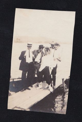 Old Vintage Antique Photograph Five Men With Hats Standing On Dock
