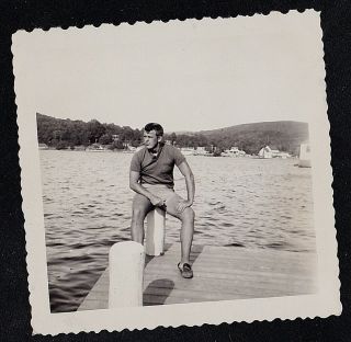Vintage Antique Photograph Sexy Young Man Sitting On Dock By Water