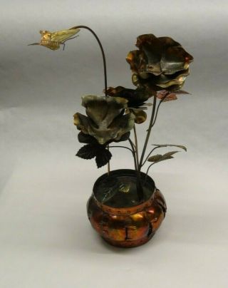 Vintage Copper Flower Pot & Butterfly Music Box Butterfly Spins