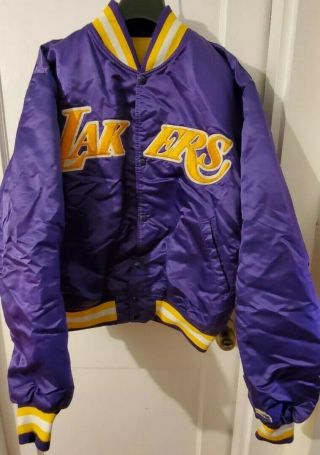 Vtg Starter Nba La Los Angeles Lakers Nylon Satin Bomber Jacket Purple Large