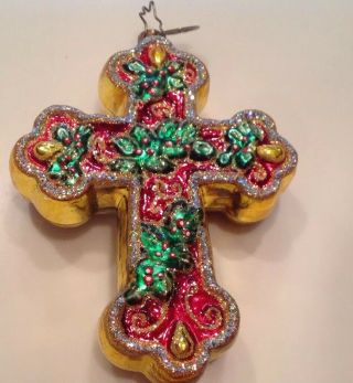 Christopher Radko Hand Blown Glass Christmas Ornament Holly Cross 2008 10 - 102 - 48