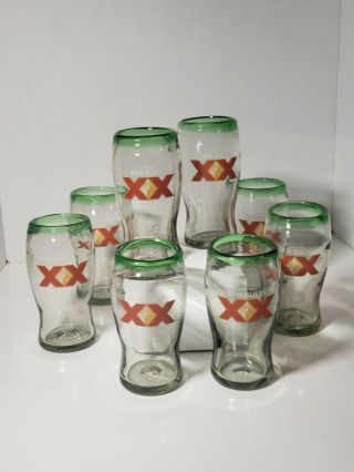 Set Of 8 Dos Equis Xx Hand Blown Mexican Beer Glass 16 Oz 6” Green Rim