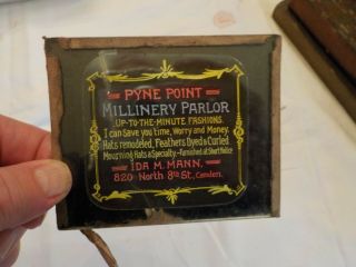 American Slide Co.  Advertising Glass Template Pyne Point Millinery Parlor Camde