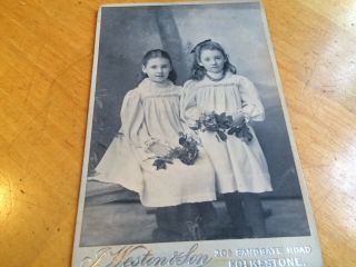 Victorian Cabinet Card: 2 Young Sisters Holding Flowers: Folkestone Studio