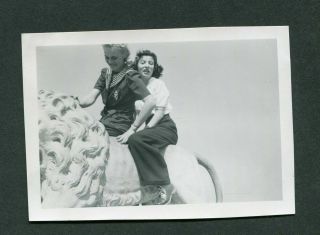 Vintage Photo Unusual View Of Pretty Girls On Lion Statue In Open Sky 984019