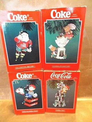 Coca Cola Christmas Enesco Ornaments - Set Of 4 Santa/elf/bears 1994/1996 Nib
