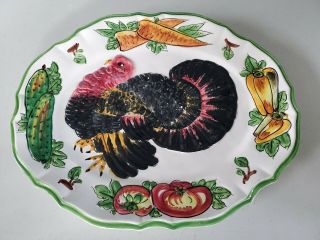 Vintage 20” Large Embossed Turkey Thanksgiving Platter Italy Hand - Painted