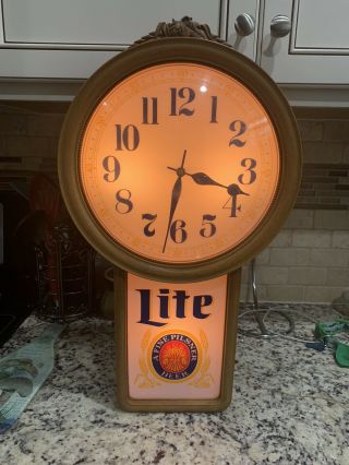 Miller Lite Lighted Beer Clock Sign Vintage 21 " Tall Clock And Lights Work