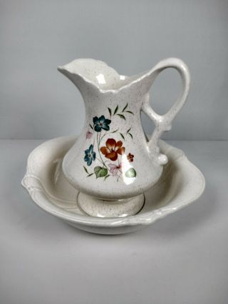Vintage Treasure Craft Wash Basin Pitcher And Bowl Flowers
