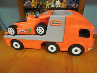 Vintage Little Tikes Orange Big Rig Semi Truck Transport Trailer & Indy Race Car