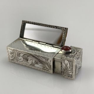 Vintage Sterling Silver Hand Engraved Lipstick Holder Case Mirror 800 Italy