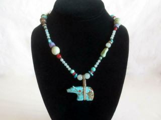 Vintage Glass Native American Turquoise Zuni Bear Fetish Bead Necklace