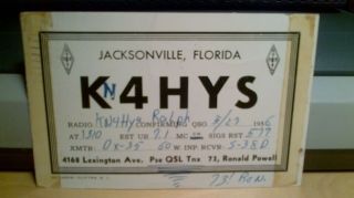 Amateur Ham Radio Qsl Postcard K4hys Ronald Powell 1956 Jacksonville Florida
