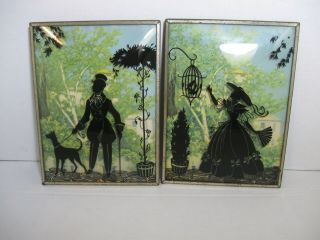 Vintage Silhouette Victorian Couple Framed Curved - Glass Pictures Set Of 2 C.  1950