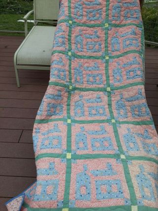 Vintage Houses/cabin Quilt Antique Depression Fabric Hand Stitched 72 X 82