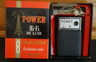 Vintage Power 8 De Luxe Transistor Radio & Ear Bud Japan
