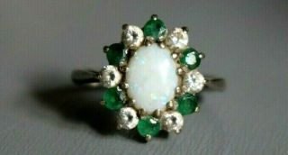 Vintage 9ct White Gold,  Natural Solid Opal & Emeralds Ring.  Size K.