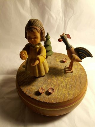 Charming Vintage Swiss Thoren’s Wooden Music Box Girl W/ Rooster - Hi Lilli Hilo