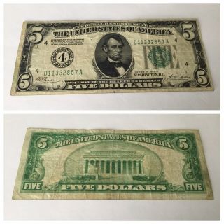 Vintage Numerical 4 $5 Federal Reserve Note 1928 - A Five Dollars Cleveland Green