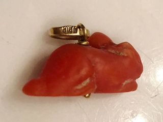 Antique Coral Carved Rabbit Bunny Lapin Charm Pendant - Unknown Stamp On Gold Old