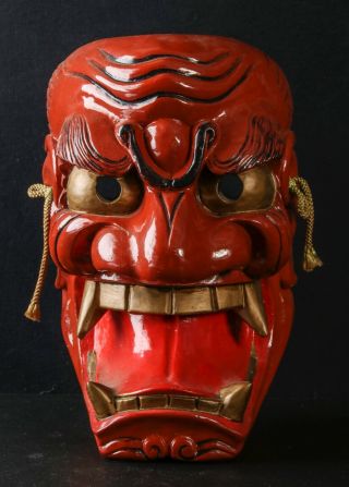 Japanese Vintage Wooden Mask Red Oni Devil Signed
