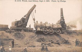 Sidney,  Ny D.  & H.  Train Wreck & Crane Phelps Real Photo Post Card 1908