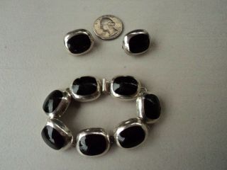 Vtg Taxco Mexico 925 Silver Onyx Bracelet & Earrings Signed Tc - 69 Hard To Find