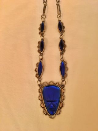 Vintage Sterling Mexico Necklace With Cobalt Blue Glass Medallions Handmade