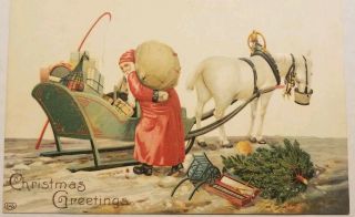 Vintage Postcard C1910 Santa Red Robe With Pack,  Sleigh Hitched To White Horse