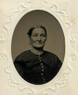 Embossed Paper Framed Tintype Photograph Older Woman Button Dress 1860 - 70s