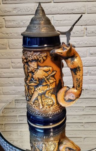 Gerz Seit 1862 Beer Stein Fox Handle Boar Hunt Pewter Lid Navy Ceramic Mug