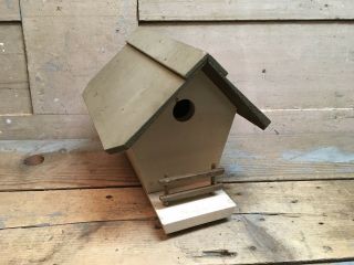 Vintage Handmade Wooden Birdhouse Cabin Bird Home House Fence Green Cream