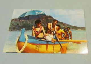 Vintage Outrigger Canoe At Waikiki Beach Hawaii Pan Am Airlines Rppc Postcard
