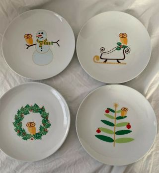 Rachael Ray Owls Holiday Hoot Set Of 4 Christmas Plates 8 "