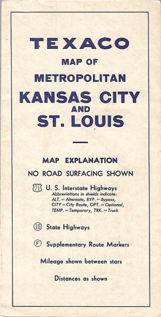 1946 Texaco Road Map St.  Louis Kansas City Missouri Route 66 Leavenworth Olathe