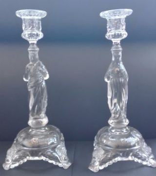 Vintage Belgium Val St Lambert Pair Candlestick Holder Jesus Madonna Art Glass