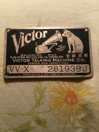 Vintage Identification Plate - Victrola - Victor Talking Machine Co.  - Camden Nj