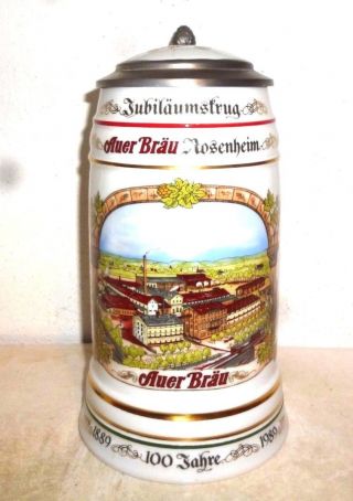 1989 Auer Brau Rosenheim 100 Years Brewery Lidded 1l Masskrug German Beer Stein