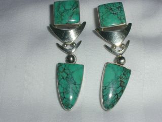 Vintage Sterling Turquoise Drop Earrings Signed Four Hands