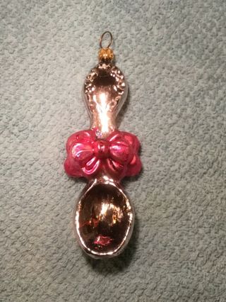 Christopher Radko Silver Spoon Pink Bow Glass Christmas Ornament Baby Girl