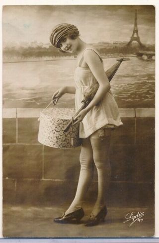 1920s French Risque Real Photo Postcard Sweet Girl By The Seine Hose Vv