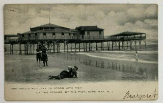 1907 Nj Postcard Cape May On The Strand By The Pier Woman In Swimsuit On Beach