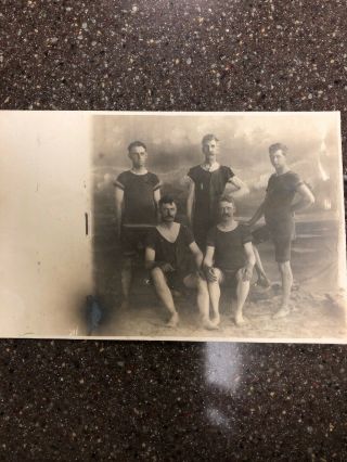 Early 1900s Rppc Group Handsome Sexy Men Studio Pose Swim Suits Muscle Gay